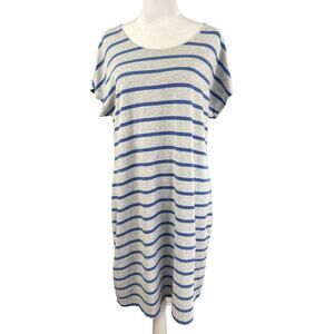 Lands End S/P 6-8 Tee Shirt Shift Dress Cap Sleeves Grey Blue Stripe Knee Length